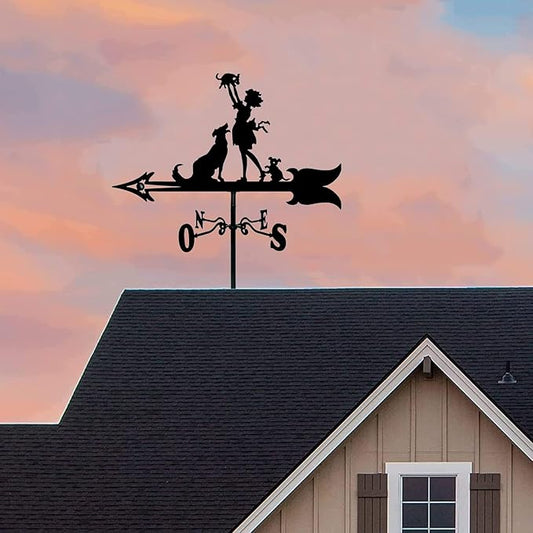 European Style Wrought Iron Garden Weathervane, Roof Decoration Weather Vane, Direction Indicator Kit, Outdoor Cute Hollowed Out Steel Gnomes Statue direction indi