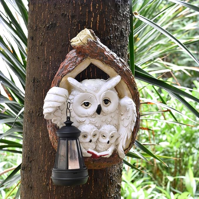 Solar Owl Family Reading a Book Wall Sculptures Outdoor Garden Decor Waterproof Resin Statue for Yard Patio Fence Tree Art Ornaments Home Decorations with Hanging LED