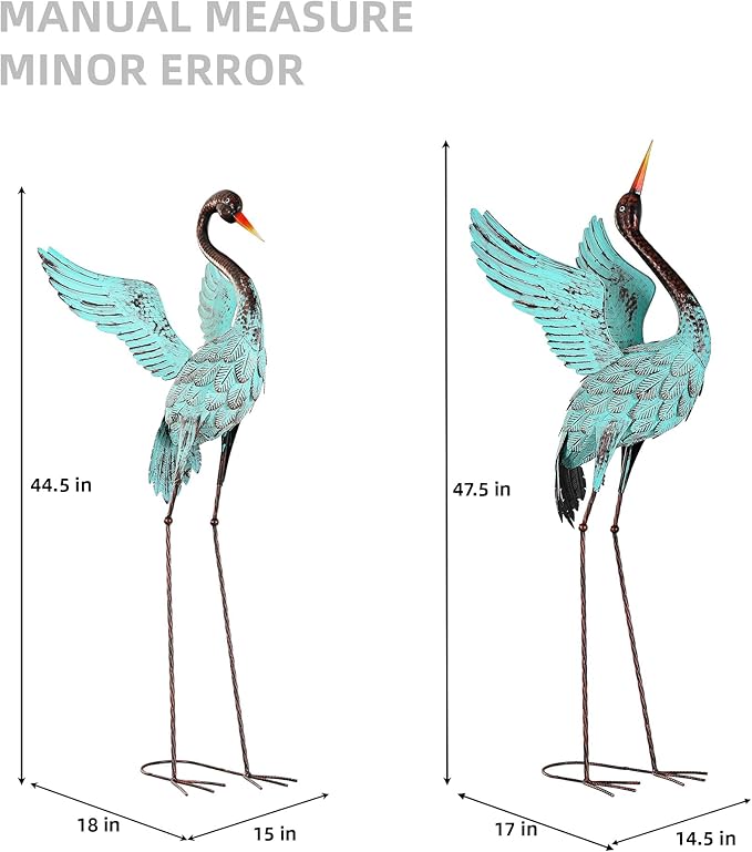 Extra-Large 47.5" Blue Heron Decor, Handcrafted Metal Crane Statue with Stable U-Ground Stakes, Backyard Decoration, Metal Garden Bird Animal Yard Art, Lawn Ornament Decor