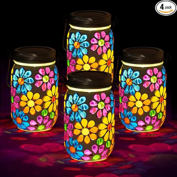 Stargarden 4Pack Mosaic Solar Lantern ,Mosaic Lights ,Outdoor Hanging Jar Lights ,Waterproof Solar Lamps for Tree, Garden, Patio, Yard, Outdoor(Flower)