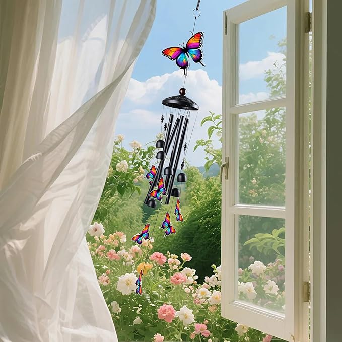Butterfly Wind Chimes for Outside, Black Metal Acrylic Windchimes Outdoors, Butterfly Gifts for Women Men, Garden Yard Decor, Memorial/Birthday Gifts for Grandma Mom, Durable Chimes for Outdoors