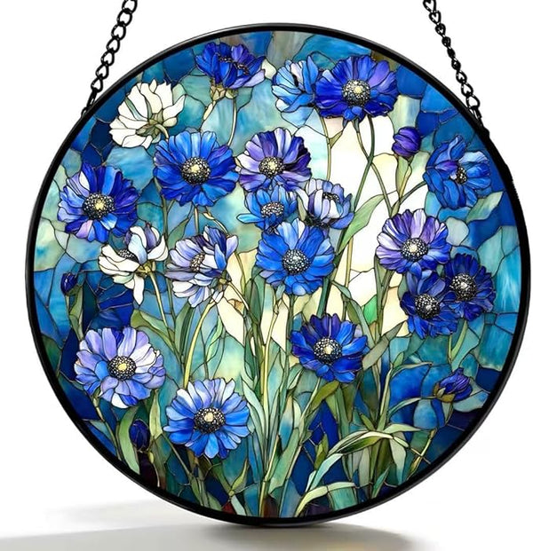 Stained Glass Window Hanging - Blue Floral Pattern 7.8 Inches Suncatcher for Garden Home Decor for Women Mon Grandma Friends