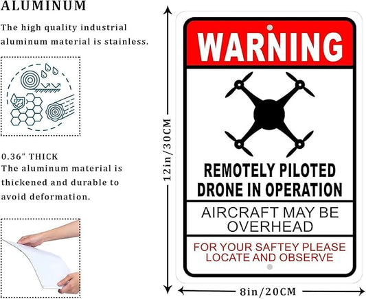CCPARTON Metal Sign Warning Drone in Operation Aircraft Overhead Signs Warning Traffic Road Street Caution Sign Indoor Outdoor Signs for Home Office Work 8x12 Inches