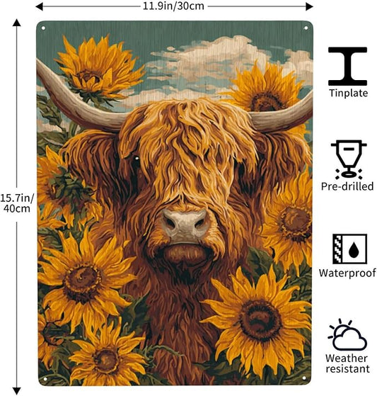Pastoral Highland Cattle Metal Poster Wall Art, 12X16 Inch Metal Sign Depicting Shaggy Scottish Cow.Vintage Colors Aesthetics,Vibrant Design,Gift Ideal For Farm Life Lovers