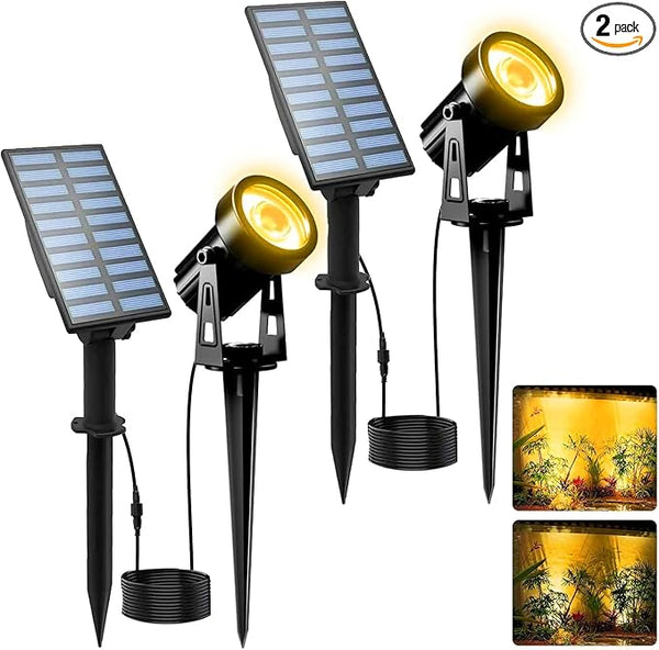 T-SUNUS Christmas Solar Landscape Spotlights 2 Pack Warm White 3000K, IP65 Waterproof Spot Lights 9.8ft Cable, Outdoor Halloween Garden Light Separated Panel for Tree Flag Yard Driveway Walkway Pool