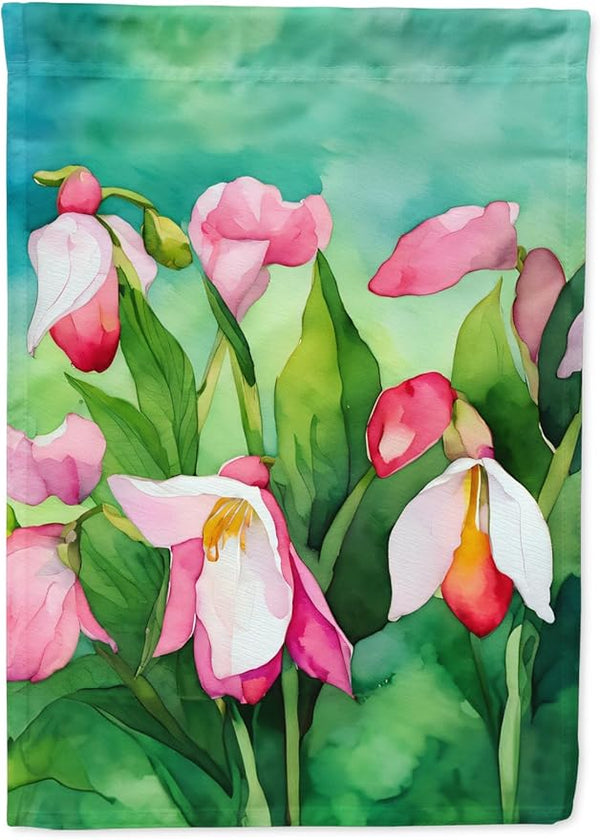 Caroline's Treasures Minnesota Pink and White Lady�s Slippers in Watercolor House Flag Large Porch Sleeve Pole Decorative Outside Yard Banner Artwork Wall Hanging, Polyester, House Size, Multicolor