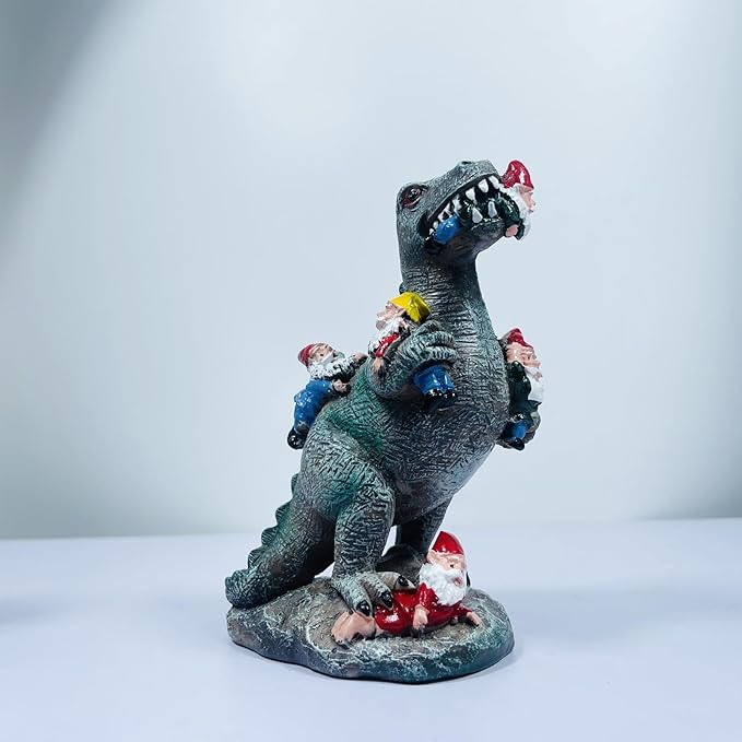 1pcs Funny Dinosaur Eat Gnome Green Resin Statue, 5.91 Inch High, Painted, Tabletop, Whimsical Retro Christmas Dinosaur Gnome Garden Statue Decoration for Indoor Yard Patio Lawn Landscape