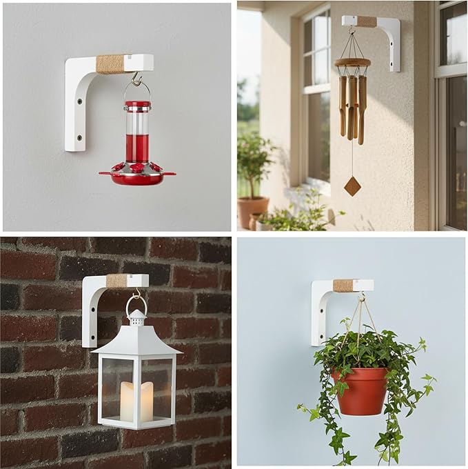 4 Pack Wooden Plant Hangers Hanging Wall Plant Hooks Farmhouse Wooden Hanging Basket Wall Hooks for Lanterns, Flower Bracket, Wind Chimes, Lamp, Bird Feeders, Patio Decor, White, 6 inch