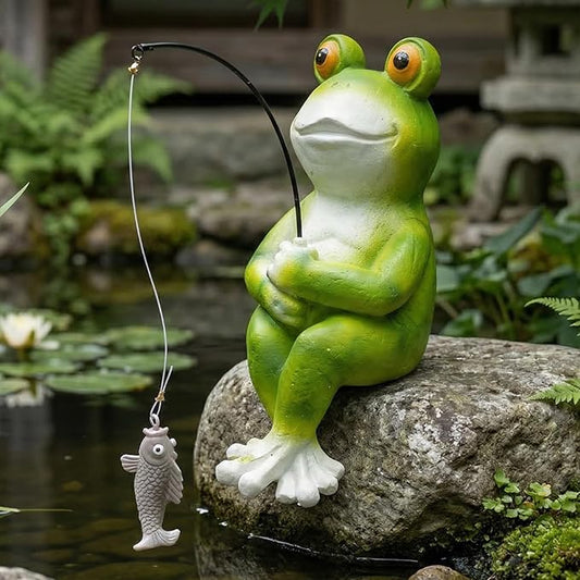 Elenon Funny Frog with Fishing Pole Garden Decorative, 9" Adorable Flower Bed Decor Frog Statue, Yard Patio Art Decor Sculptures Table Ornament
