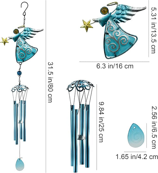 MrMrKura Angel Wind Chimes, 31.5” Angel Metal Wind Chimes for Outside with Metal Tubes & S Hook for Home Garden Decoration Christmas Decoration Hanging Ornament Wind Bell Gifts for Mom (Blue)