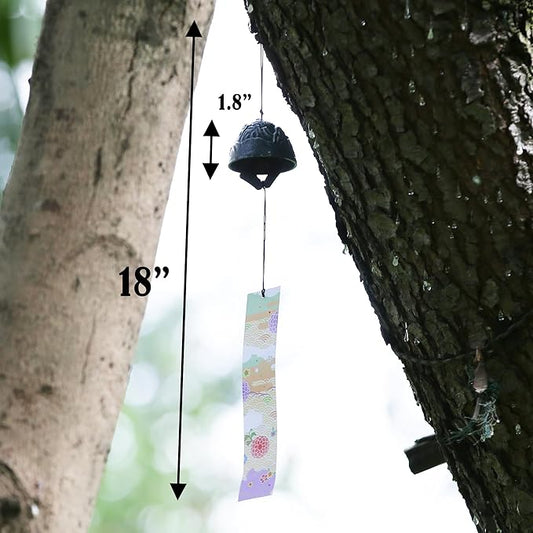 Japanese Wind Chime Cast-Iron Outdoor Ornament for Garden, Patio & Balcony, Hanging Metal Wind-Bell Decoration Gift, Blessing Pendant Windchimes & PVC Wind-Catcher, Blue Snowy Mountains