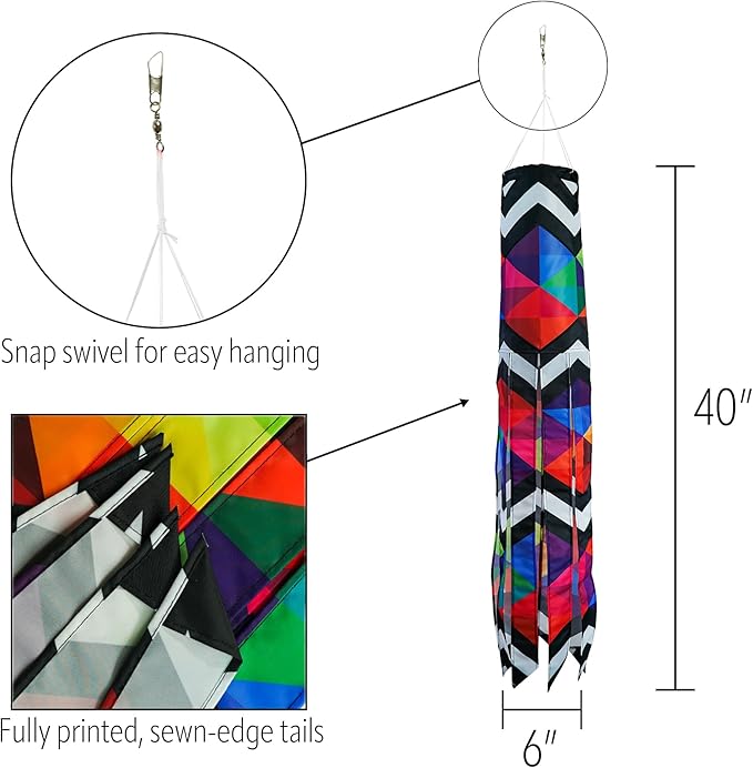 In the Breeze 5270 — Geometric Black & White 40-inch Illusion Windsock — Abstract Decor, Embroidered Details, Fully Printed Tails