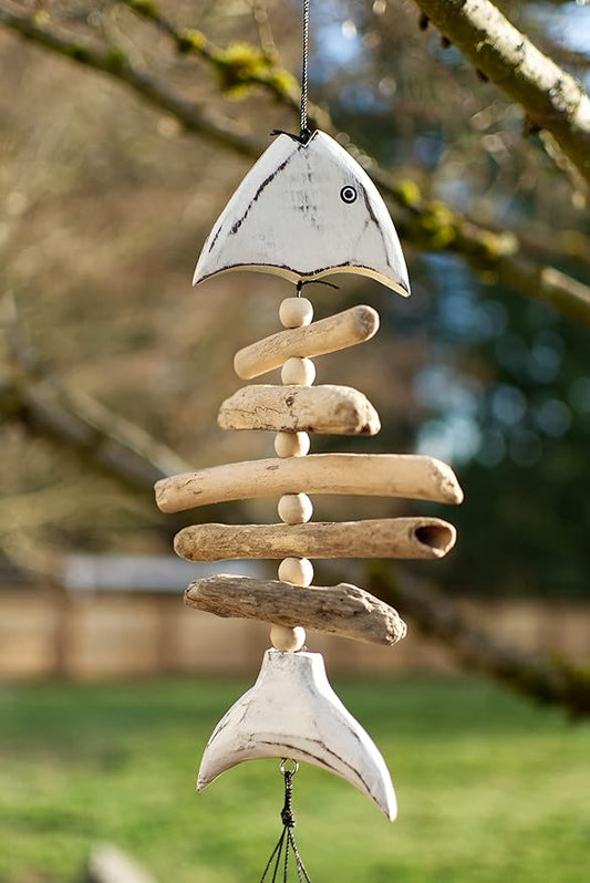 Cohasset Gifts Bamboo Wind Chime | #109W | White Tail Bone Fish Bamboo Wind Chime | Wood, Outdoor, Home Décor for Decks, Garden, Porch | Distressed White Finish |