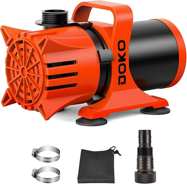 DOKO 4500GPH Submersible Water Pump, 180° Ajustable Pond Pump with 20FT Power Cord 220W Ultra Quiet Aquarium Pump for Pond, Fountain, Waterfall, Fish Tank, Hydroponic, Statuary, Orange Black