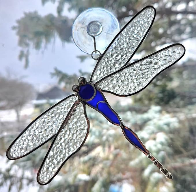 SassyXpressions Blue Dragonfly Stained Glass Suncatcher – 7 x 5.5 Inch Window Hanging – Real Stained Glass Plated with a Silver Finish – Blue Dragonfly Ornament