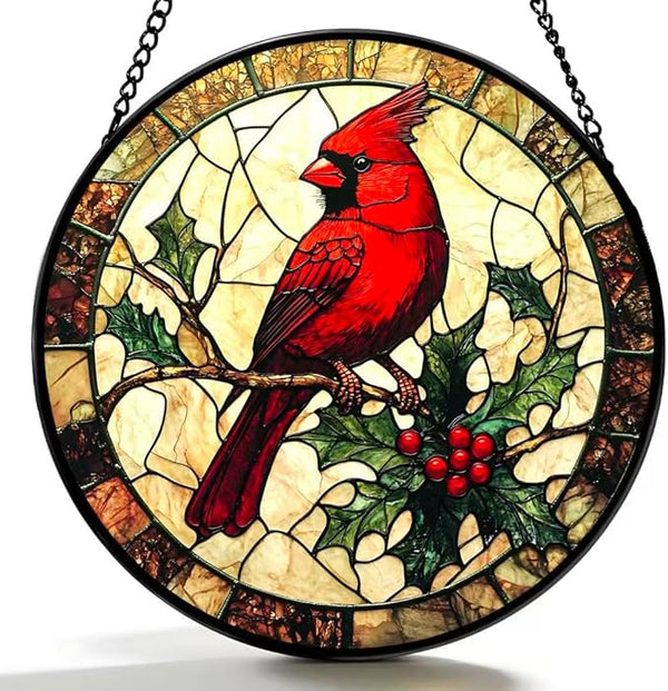 Stained Glass Window Hanging Ornament, The Red Bird Stopped on The Branch 6.3 Inches Suncatcher for Window Home Decor Bithday Christmas Monther's Day Gifts for Women Men and Mom