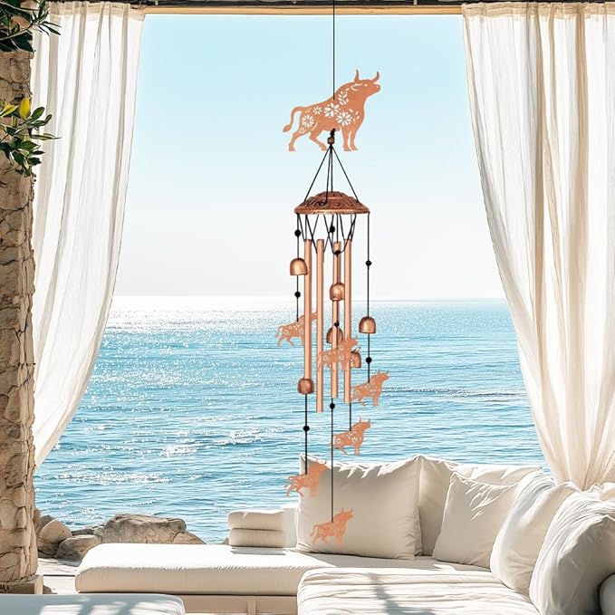 Cattle Pattern Wind Chimes for Farm Outside, Windchimes Suitable for Outdoor Garden Patio Porch and Home Decor, Unique 33“ Metal Memorial Wind Chimes for Spring Summer Farm Gifts