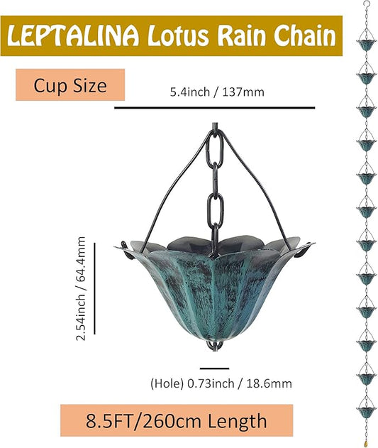 8.5FT Lotus Antique Blue Color Iron Rain Chains for Gutter and Rain Barrel, Rust-Resistant Plated Garden Décor Rain Chain for Downspout, Bonus Rain Chain Gutter Adapter