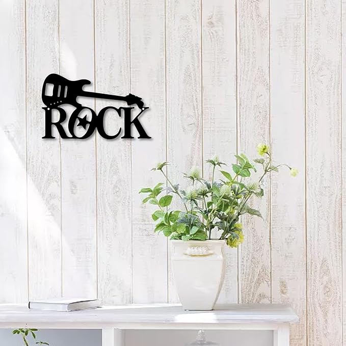 CREATCABIN Guitar Metal Wall Art Decor Black Sculpture Wall Decor Rustic Iron Rock Cut-Out Wall Sign Hanging Wall Decoration for Bathroom Living Room Bedroom Kitchen Patio Balcony 7 X 12 Inch