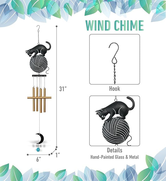CoTa Global Cat Playing with Yarn Ball Wind Chime - Black Metal Cat Silhouette Hanging Decor with Gold Tone Wind Chime Tubes, Indoor Outdoor Porch Patio Yard Garden Decoration - 31 Inches
