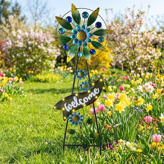 TERESA'S COLLECTIONS Hummingbird Garden Solar Stake, Wind Spinner Yard Art Sign for Outdoor Decor, Metal Purple Floral Windmill Decorative Garden Stake for Lawn Ornaments, Gifts for Mom, 26''