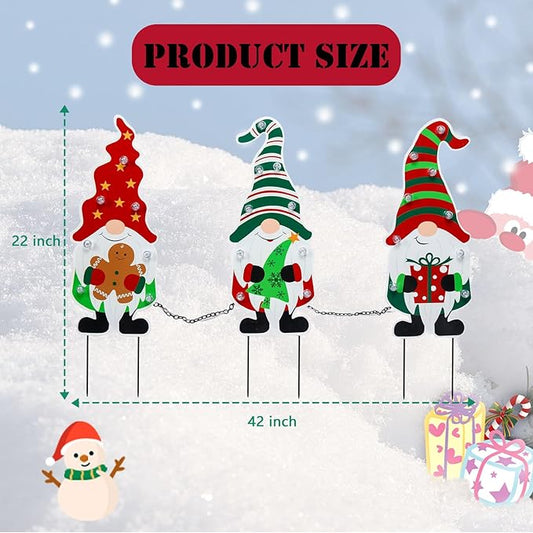 Afirst Christmas Yard Stakes Metal Christmas Decorations Outdoor Yard Gnomes Holding Gingerbread Tree Gift Lighted Metal Stakes Outdoor Xmas Stake Lawn Pathway Decoration