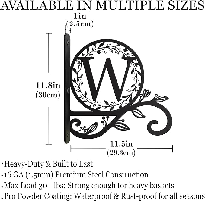Metal Initial Letter W Plant Hanger Bracket, Decorative Wall Mount Hanging Plant Hook, Monogram Floral Leaf Garden Decor for Hanging Baskets, Bird Feeders, Lanterns, Wind Chimes