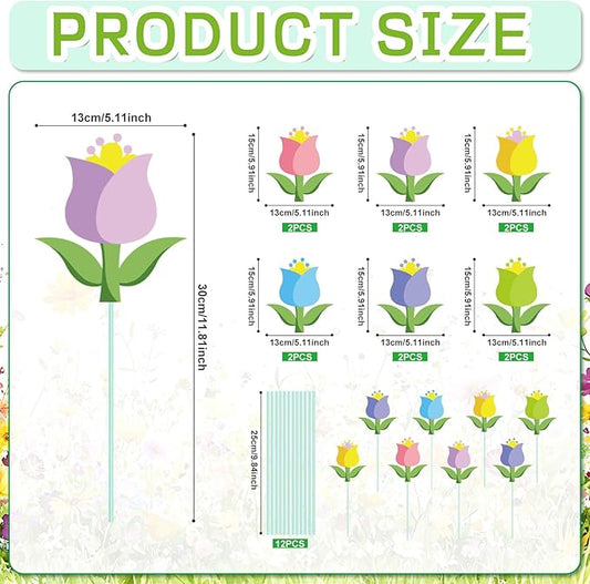 Cinrobiye 12Pcs Spring Floral Flower Planter Stakes Tulip Daisy Pot Signs 5.9Inches Colorful Floral Garden Stake Outdoor Lawn for Spring Party Patio Yard Outside Greetings Home Farmhouse Decor