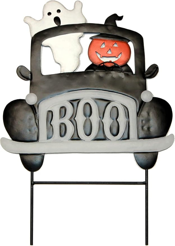 18" Halloween Metal Pumpkin and Ghost on Truck Outdoor Yard Stake