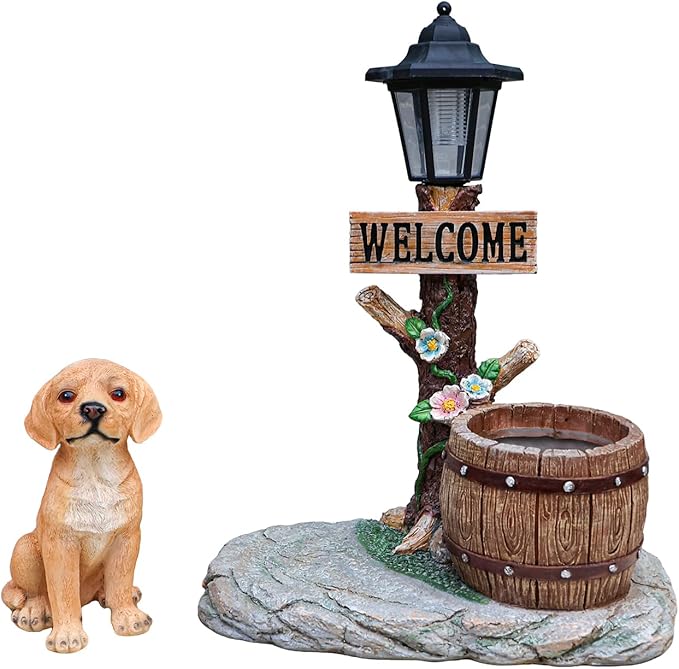 20" Solar Golden Retriever Garden Statue with Welcome Sign & Planter - Large Dog Sculpture with LED Street Lantern - Weatherproof Resin Decorative Flower Pot for Porch, Yard & Patio - Pet Lover Gift