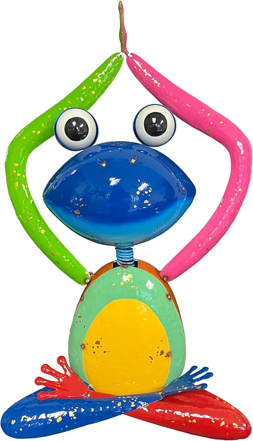 Colorful Frog Large Metal Garden Statue -Yoga Pose Arms Raised Up, Color Blue, Garden Decor Outdoor Patio and Lawn Yard Art, Indoor Home Decoration, Landscape Sculpture Figurine, Gift