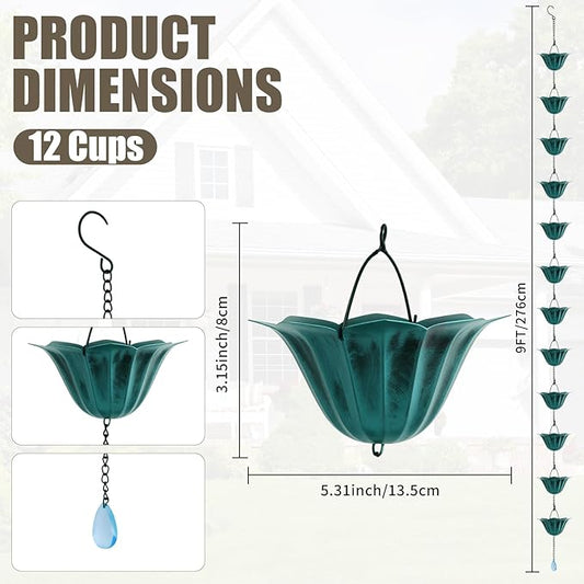 9 FT Rain Chain for Gutters, 12 Lotus Cup Design , Adjustable Rain Chains for Outside Chains to Replace Downspout,Elegant Water Feature for Garden, Patio. (Lotus Antique Blue)