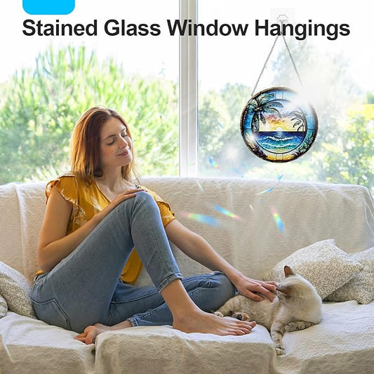 Blue Setting Sun 7.87" Stained Glass Window Hanging Sun Catcher Blue Bird Stain Glass Suncatchers Decor Gifts for Home Indoor Outdoor Window Garden Crystals Decor Panels