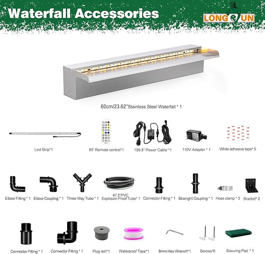 LONGRUN Waterfall Pool Fountain, Updated 5.9'' Wider Open Lip Stainless Steel Waterfall Spillway, Decorative Water Feature for Swimming Pools, Koi Ponds, Spa & Garden - 23.6''