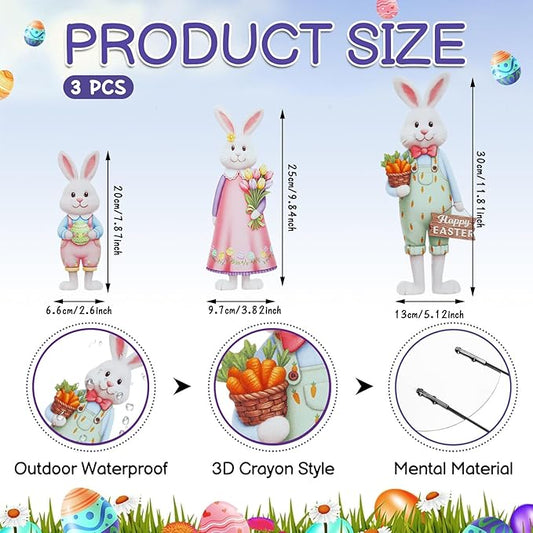 DoubleFill 3 Pcs Easter Decorations Outdoor 3D Metal Easter Eggs Tulip Yard Signs Decorative Garden Stakes Eggs Bunny Gnome Lawn Decorations Yard Decor for Spring Lawn Pathway Garden (Bunny Style)