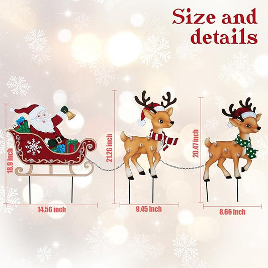 WONDER GARDEN Christmas Metal Yard Stakes, Lighted 3 Pack Christmas Garden Stakes Yard Signs, Outdoor Decorations with Santa Sleigh and Reindeer for Lawn Party Outside