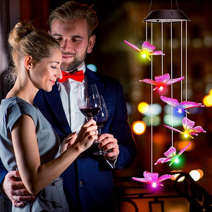 Retisee LED Solar Hanging Wind Chime, Outdoor Mobile Color Changing Light, Home Yard Garden Decoration Automatic Light Gift for Party Women Mom (Butterfly)