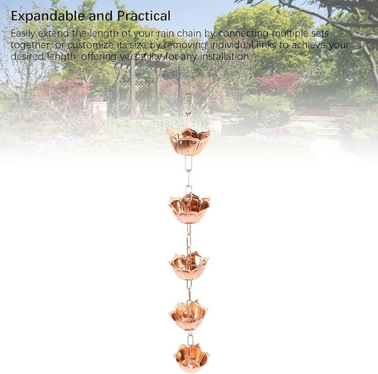 Hanging Rain Chain Copper, 1m Weatherproof Yard Rain Catcher Chain - Elegant Floral Design, Rust, Easy Installation for Garden and Temple (Flower Shaped)