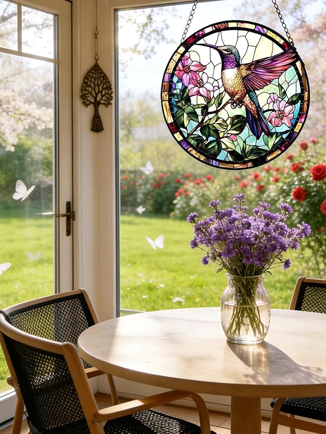 Stained Glass Window Hanging, Hummingbird Suncatcher for Door Home Decor, Birds Flowers Sun Catcher Ornament Mother's Day Birthday Gifts for Bird Lovers Women Men Mom 6.3 in