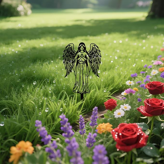 WADORN Angel Silhouette Garden Stakes Decor, Metal Angel Lovers Gifts Stakes Statues Ornaments for Yard Art Black Silhouette Yard Outside Decor for Backyard Lawn Patio Outdoor Decor, 15x8.3Inch