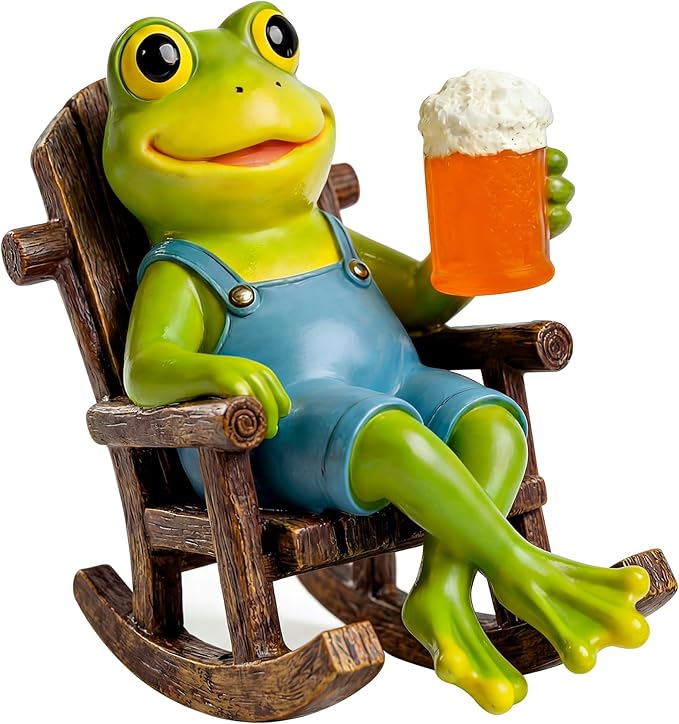 Flytime Frog Garden Decor, Outdoor Garden Statue,Frog on Rocking Chair,Suitable for Indoor and Outdoor Patios, Gardens, Flowers, and Lawns, A Whimsical Decoration(Beer)