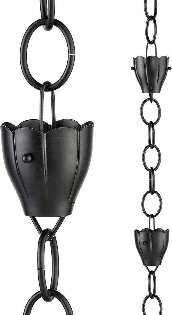 6 Cup Crocus Black Aluminum 8.5 ft. Rain Chain with Gutter Installation Clip by Good Directions