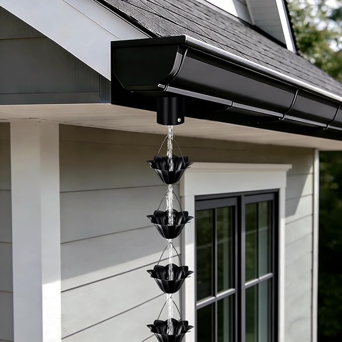 Rain Chains for Gutters Outside 8.5FT Black Rain Catcher Chain with Adapter 16 Cups Decorative Replacement for Downspout