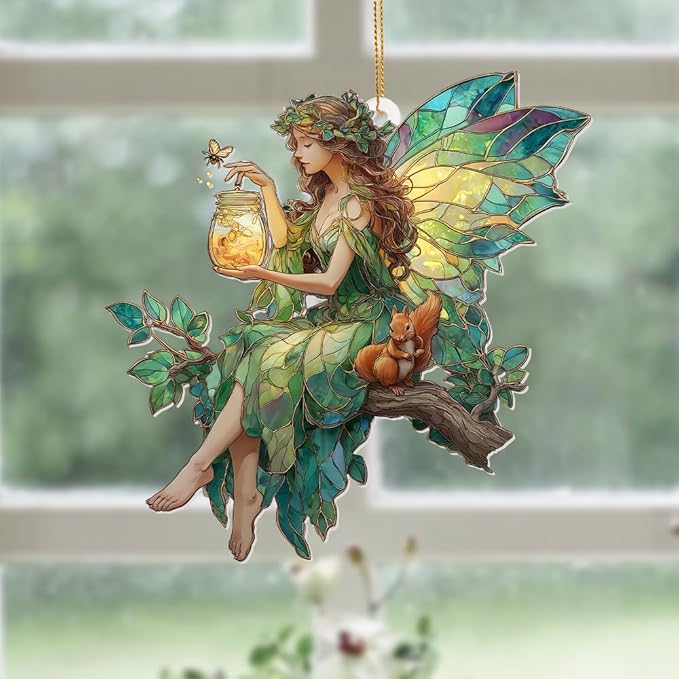 Fairy Stained Glass Acrylic Ornament โ Enchanted Forest Fairy with Squirrel, Hanging Window Sun Catcher Decoration, Whimsical Christmas Ornament Gift for Women and Girls (Sun-32)