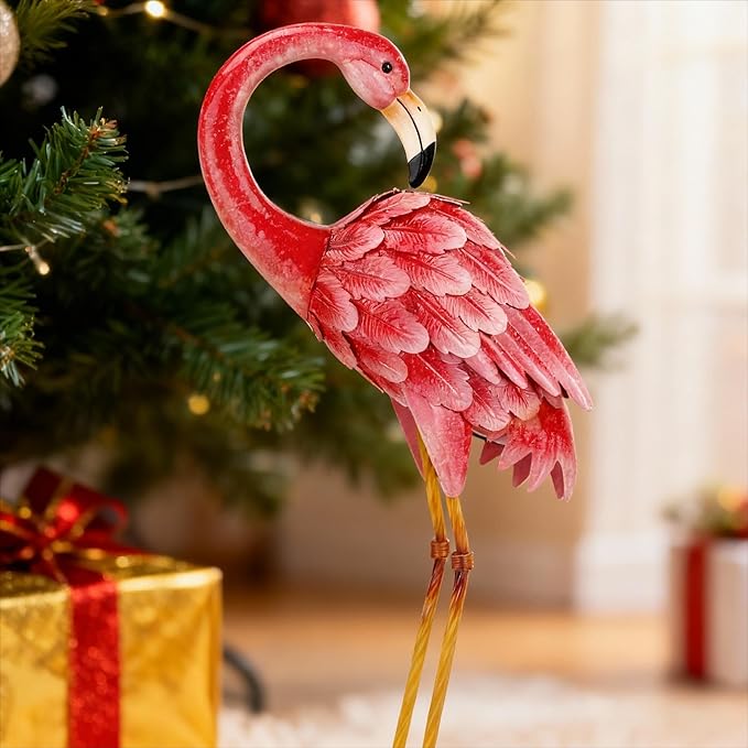 Shorayn Garden Statues Flamingo Sculptures Metal Yard Art, Pink Bird Art Outdoor Backyard Decor Patio Lawn Porch Ornament Flamingo Yard Decoration