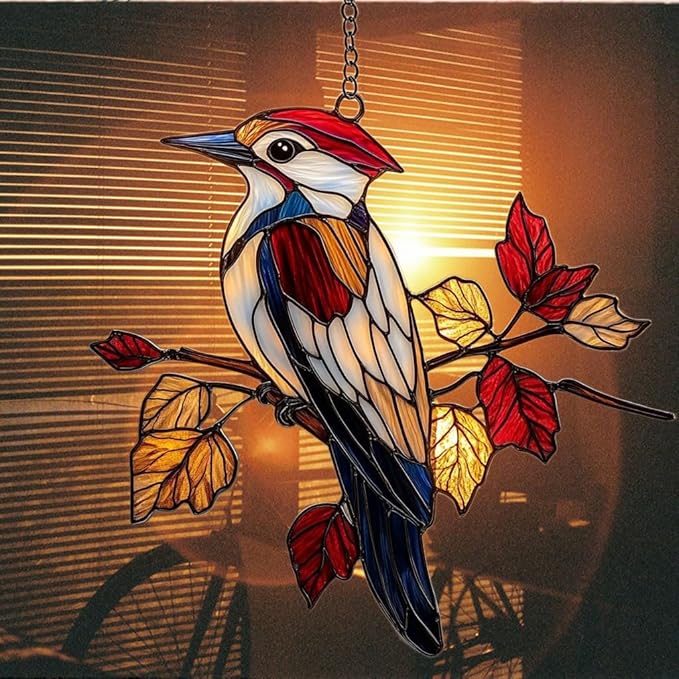 Red Woodpecker Acrylic Suncatcher Stained Glass Effect Window Car Hanging Christmas Ornament Indoor Outdoor Decor Garden Sun Catcher Panel for Acrylic Suncatcher Lover for Women Mom Grandma