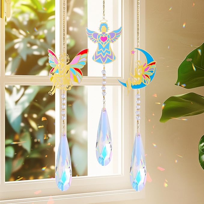 Crystal Sun Catcher Angel Rainbow Maker Hanging Suncatchers Window Decor Christmas Ornaments for Tree Gift for Mom Women Set of 3