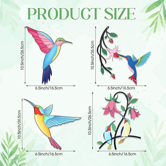 Seenelling 4 Pack Metal Hummingbird Wall Art Decor 3D Colorful Birds Outdoor Fence Decorations for Patio and Yard, Wall Sculpture Hanging Decor for Garden Living Room Balcony, Home Gift