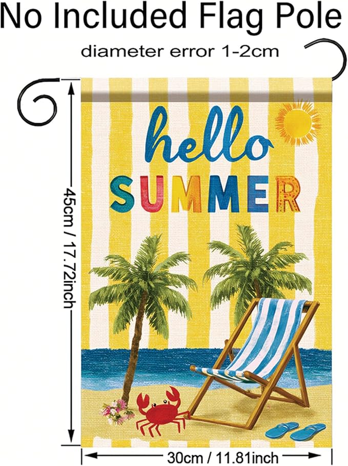 Hello Summer Garden Flag Beach Palm Tree Chair Coastal Outdoor Yard Porch Lawn Garden Decor for Tropical Seaside Patio Cottage Farmhouse Seasonal Summer Home Display