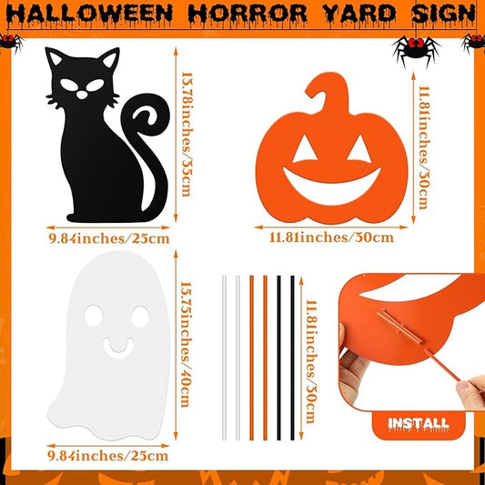 3 Pack Halloween Decorations Outdoor Metal Halloween Garden Stakes Metal Ghost Pumpkins Black Cat Yard Signs Decor for Outside Garden Lawn Porch Patio Party Decorations(Mixed Style)